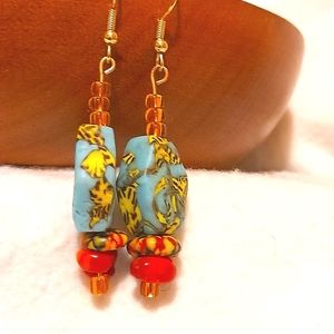 Sold! lNew Handmade recycle glass beaded drop earrings - multicolored artisan